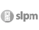 A black and white logo with the word slpm.
